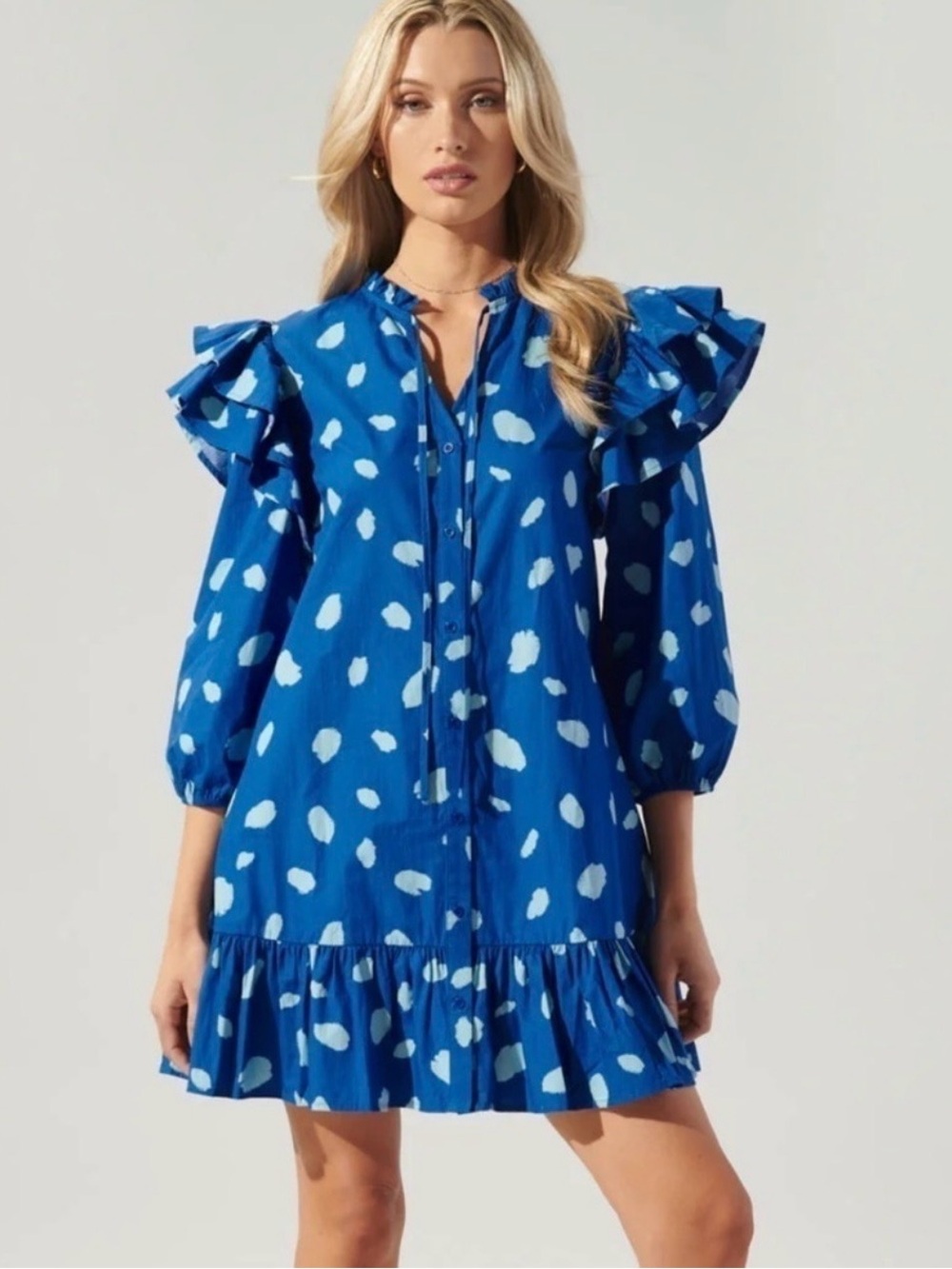 Sugarlips Blue Polka Dot Ruffle Sleeve Mini Dress